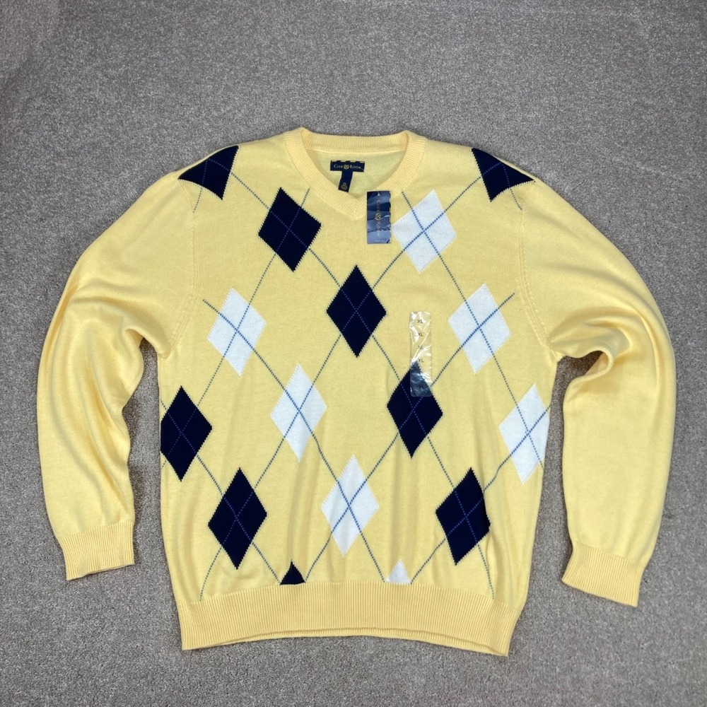 Club Room Argyle V-Neck Knit Sweater Mens XL Yellow Classic Preppy Academia NWT